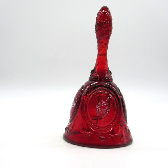 VTG Fenton Red Amberina Bell White Roses Hand Painted signed Frida - Picture 5 of 13